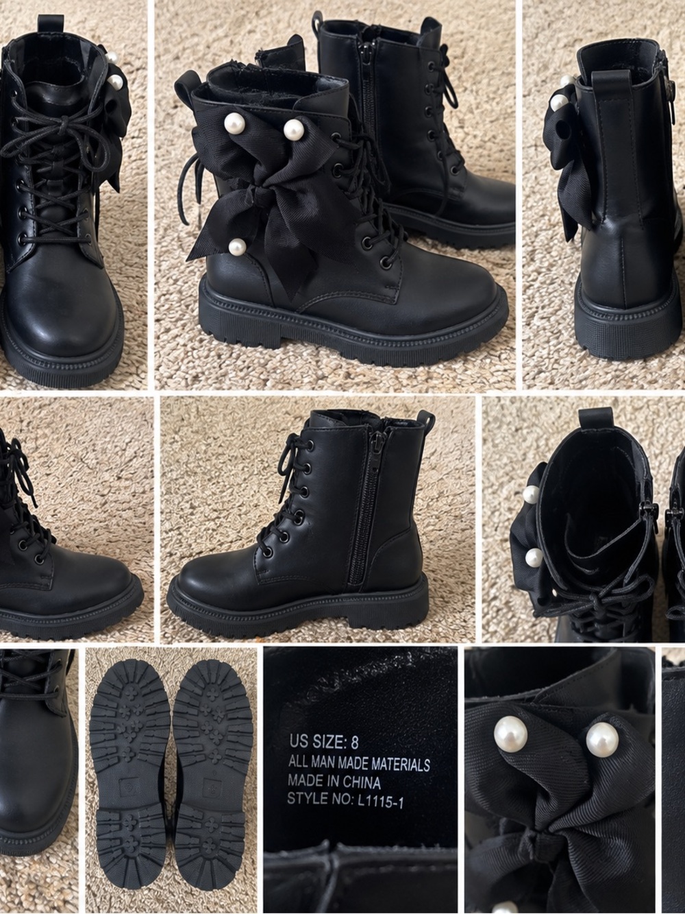 Kids Black Lace-Up Pearl Bow Combat Boots